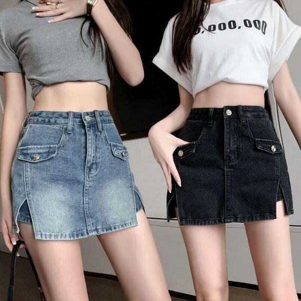 

babe split denim skirt summer retro high waist bag short, Black