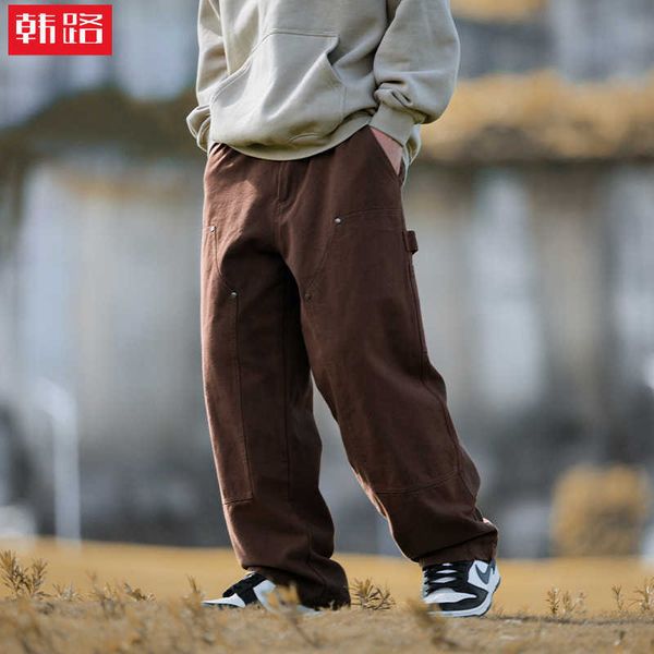 

workwear washed double knee casual pants for men in autumn and winter new vintage mountain style side pockets straight tube b01 pants, Black