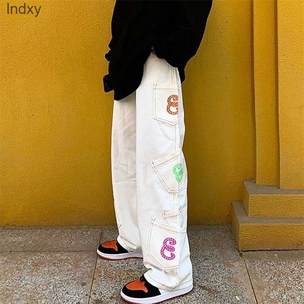 

retro pants men women pocket letter print straight cargo hip-hop oversize jeans trousers casual denim harajuku streetwear 211111, Blue