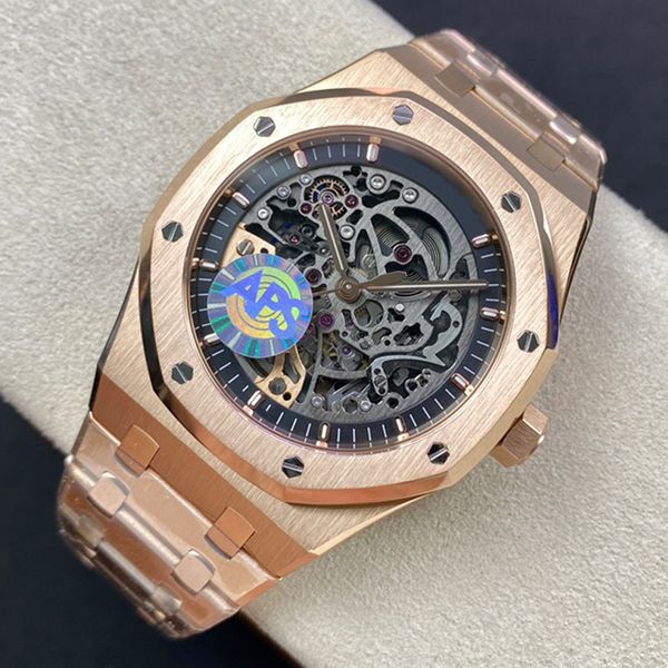 

rose gold flywheel luxury mens eta watch skeleton watches cal.3132 movement 41mmx9.9mm 15407 904l stainless steel waterproof automatic mecha, Slivery;brown