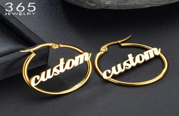 

1 pair hiphop stainless steel custom name earrings women personalized big nameplate handmade circle oorbellen party gifts3780025, Golden;silver