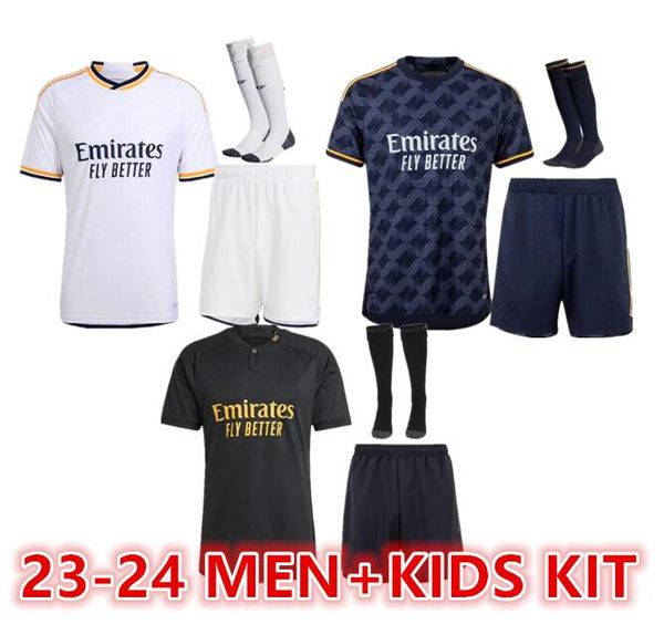 

kids kit 23 24 bellingham vini jr soccer jerseys kroos courtois tchouameni 23 24 gk football shirt real madrids camavinga rodrygo camisetas, Black;yellow