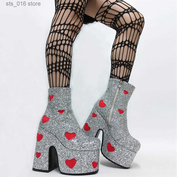 

boots 2022 autumn fashion women ankle boots platform winter heart shining motorcycle short boots street cool punk shoes woman big size t2308, Black