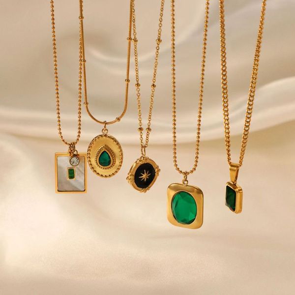 

french vintage necklace stainless steel inlaid emerald popular geometric pendant necklace for women in europe and america, Silver