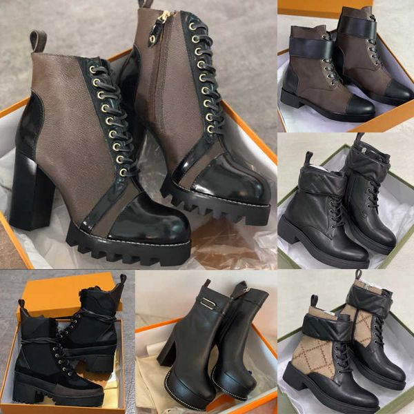 

boot designer women martin desert boots high heel ankle print luxury leather lace-up winter shoes rubber lug sole with box no13, Black