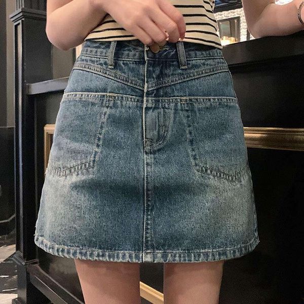 

denim skirt womens retro split pocket design fashionable niche summer high waist casual bag a line super short, Black