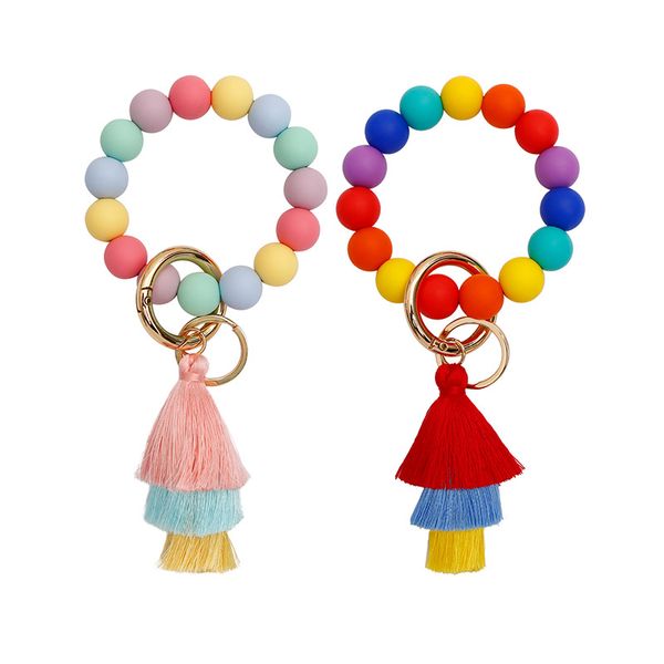 

rainbow wrist keychain silicone bead bracelet keychain tassel pendant girls' bag decoration keyring gift key chains, Silver
