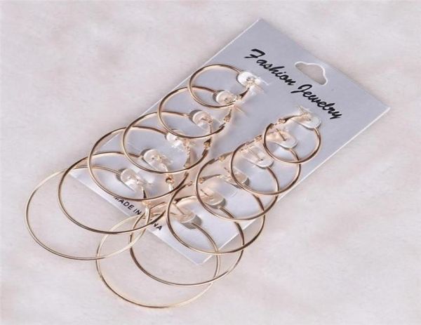 

6 pairs set vintage silver gold big circle hoop earrings for women statement punk ear clip90217663441752, Golden;silver