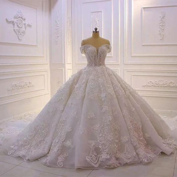 

romantic sweetheart neck back lace up ball gown wedding dresses 2023 luxury beading appliques 3dflower princess bridal gown, White