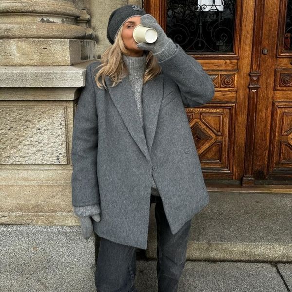 

womens wool blends winter women fashion single button houndstooth blazer coat vintage long sleeve flap pockets female outerwear chic vestes, Black