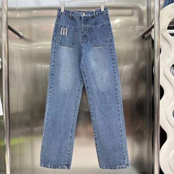 

designer ladies alphabet heavy stitching beaded jeans straight leg overalls ladies high waisted casual loose fit retro street stretch wide p, Blue