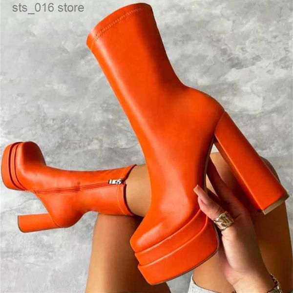 

boots autumn winter chunky high heels ankle shoes for women punk style zipper thick platform elasticity microfiber boots botines mujer t2308, Black