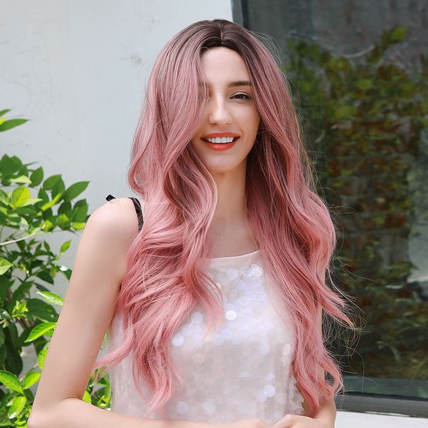 

ombre pink wig with dark roots natural long wavy synthetic wig middle parting heat resistant hair wig, Black