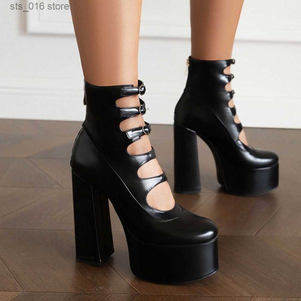 

boots ribetrini platform high heels summer cutout ankle boots zip design party dress punk buckle round toe shoes motorcycle boots t230824, Black