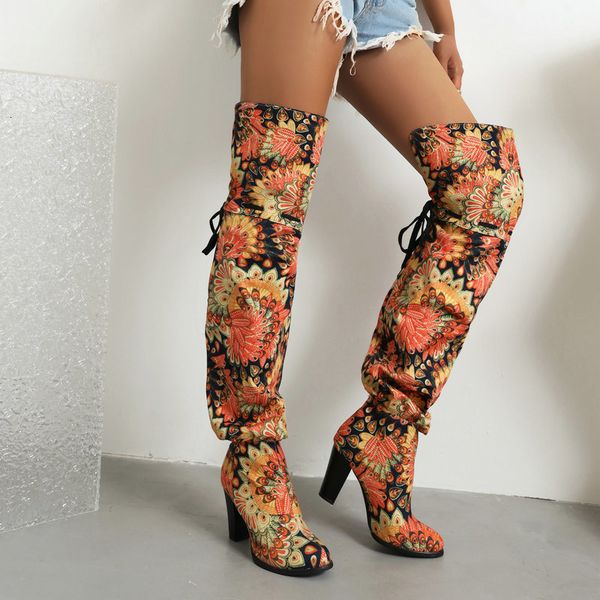 

boots flower print pants for wide calves thigh high long botines thick heels womens winter overknees plus size 48 230824, Black