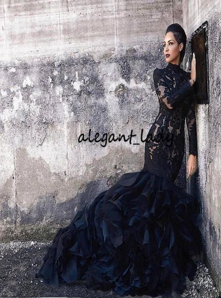 

black mermaid lace wedding dresses with long sleeves high neck ruffles skirt women non white gothic lds bridal gowns with color co5253864