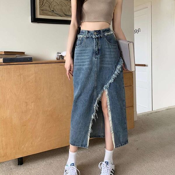 

jeans womens style skirts large size high waist slim irregularly split denim skirt raw edge design short, Black