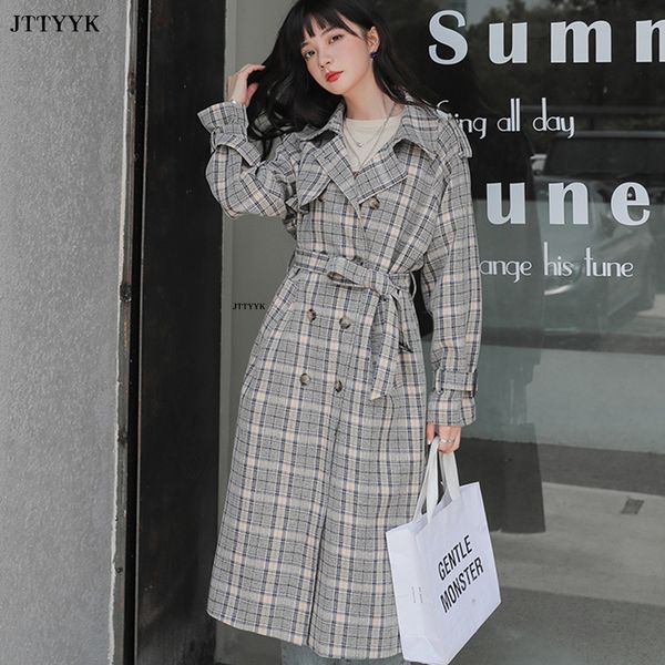 

women's trench coats autumn spring double breasted lattice trench coat women loose long overcoat vintage korean fashion windbreaker fem, Tan;black