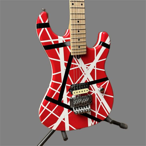 

red striped white electric guitar, floyd rose, bridge tremolo, maple fingerboard, support custom electric guitar, 5150