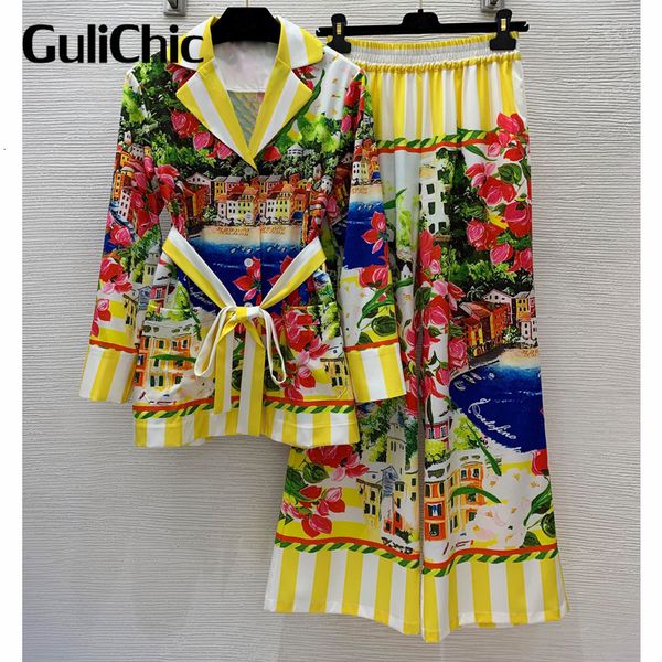 

women's two piece pants 812 gulichic holiday fashion print print loose lapel collar long sleeve shirt and elastic waist wide leg set wo, White