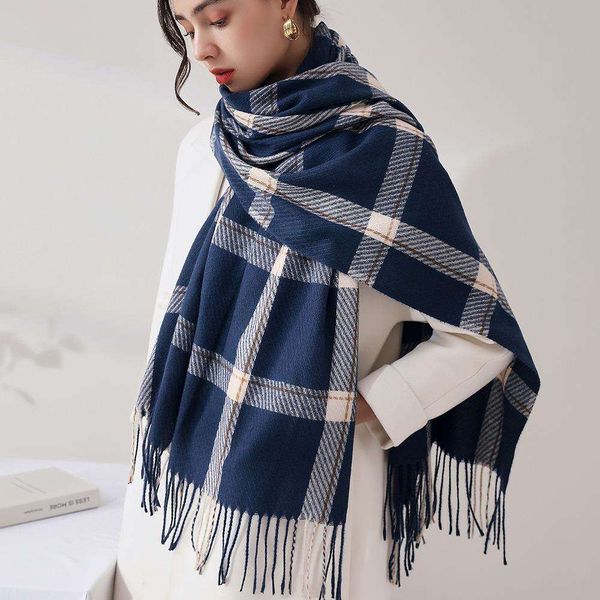

style imitation cashmere plaid navy scarf womens warmth long big shawl, Blue;gray