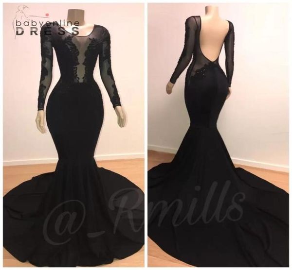 

new black sheer illusion long sleeves mermaid prom dresses crew neck backless sweep train plus size evening gowns4907968