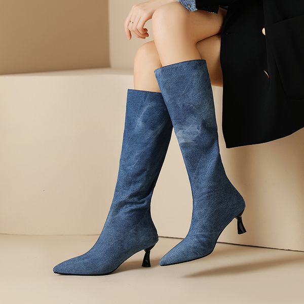 

boots plus size tapered shaped heel printed denim women's knee concise pointed thin back zipper slim 230824, Black
