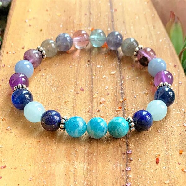 

mg1003 genuine blue apatite chakra bracelet rainbow fluorite mala bracelet natural aqua marine lapis lazuli energy bracelet247d, Black