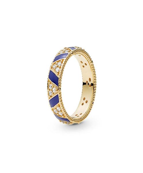 

18k yellow gold plated women mens ring original box for p 925 sterling silver blue stripes stones rings sets5427798, Slivery;golden