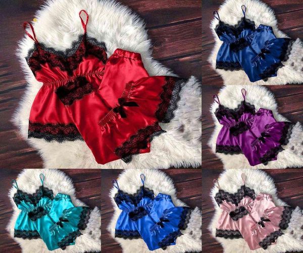 

pajamas set for woman silk pijamas girls sleepwear satin home suit summer pyjama femme v neck plus size s3xl q07067957485, Black;red