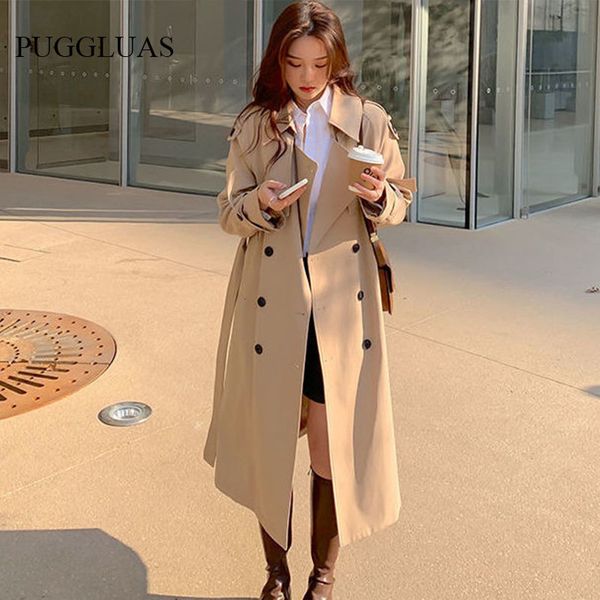 

women's trench coats spring woman long trench coat fashion korean streetwear loose cloak casual elegant khaki black women's windbr, Tan;black