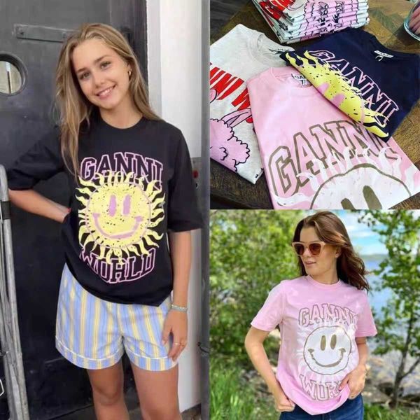 

23ss ganni women designer t shirt beach tees white loose sun letter smiling face printing short sleeve ganni t shirt