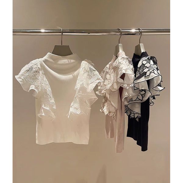 

women's sweaters kuzuwata japanese lace ruffles patchwork slim fit pullovers oneck fashion female chic solid color sweater casual knitt, White;black