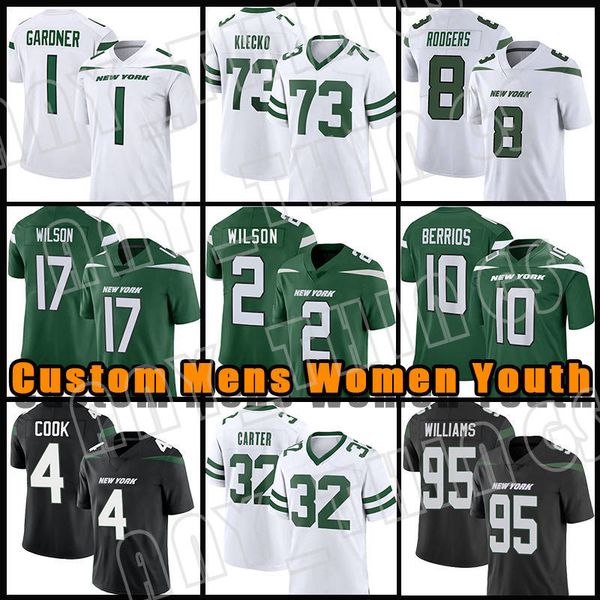 

8 aaron rodgers football jersey 1 ahmad sauce gardner 17 garrett wilson 2 zach wilson quinnen williams dalvin cook allen lazard breece hall, Black;red