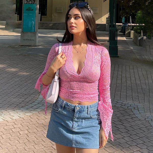 

women's t shirts v-neck long sleeve lace skinny outfits women 2023 summer party club t-shirts tees club party clothes, White