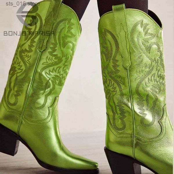 

boots bonjomarisa female fashion vintage cowboy cowgirls western boots chunky casual solid embroidery slip on autunn retro shoes woman t2308, Black