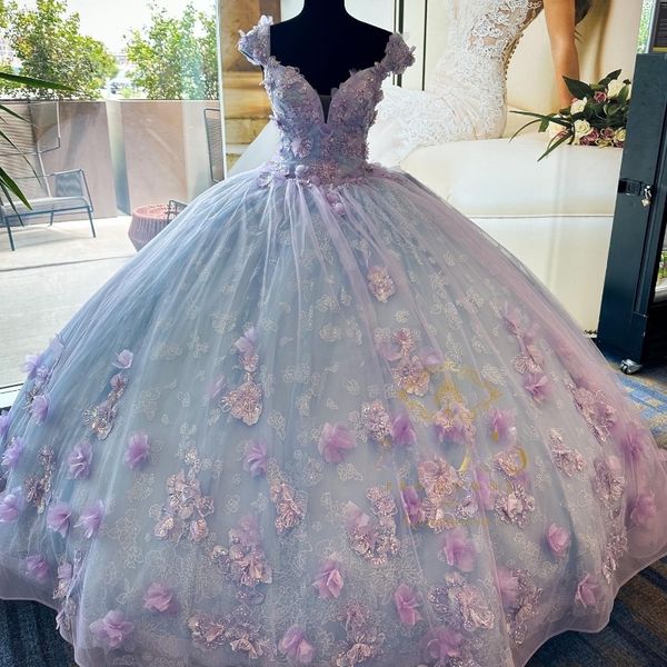 

sky blue princess quinceanera dress 2023 3dflower applique bead crystal birthday prom sweet 16 gown vestidos de 15 anos, Blue;red