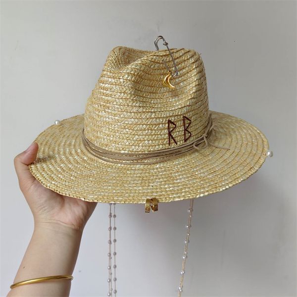 

wide brim hats bucket hats punk chain straw hat pearl chain diy jazz cap sun hat korean letter hat beach hat men's and women's pun, Blue;gray