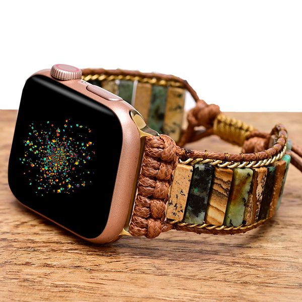 

Rectangular Drawing Stone African Pine Woven Boho Stone Strap with Apple Watch 38mm/40mm/41mm/42mm/44mm/45mm-Watch Strap for Iwatch Series 8/7/6/5/4/3/2/1/SE