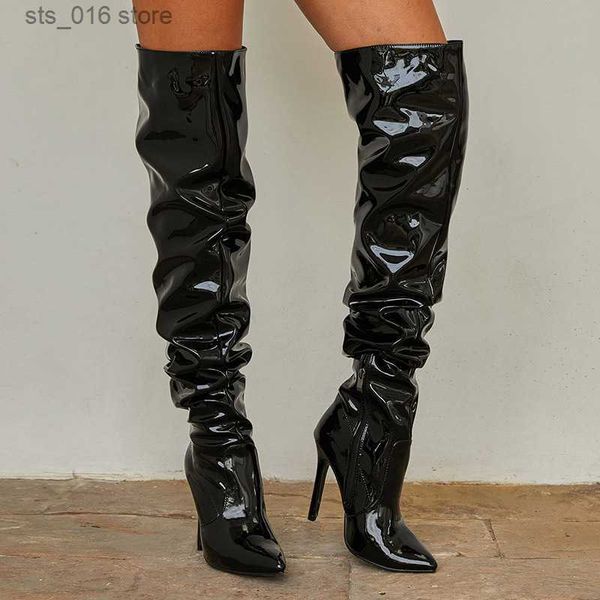 

boots popular elastic over knee pleated long boots with pointed patent leather high barrel black thin heel high heeled women's boots t2