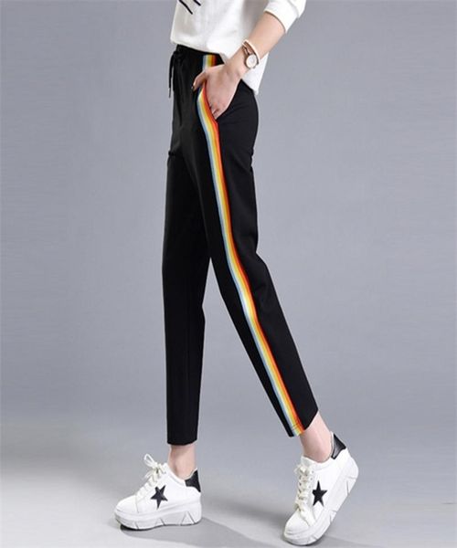 

spring summer women casual sweatpants rainbow striped printed side pant ladies loose trousers joggers sweat pants plus size 2106072211042, Black;white