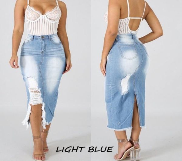 

summer women fashion denim skirts high waist ripped split denim distressed jeans bodycon long skirt womens streetwear 5xl2956047, Black
