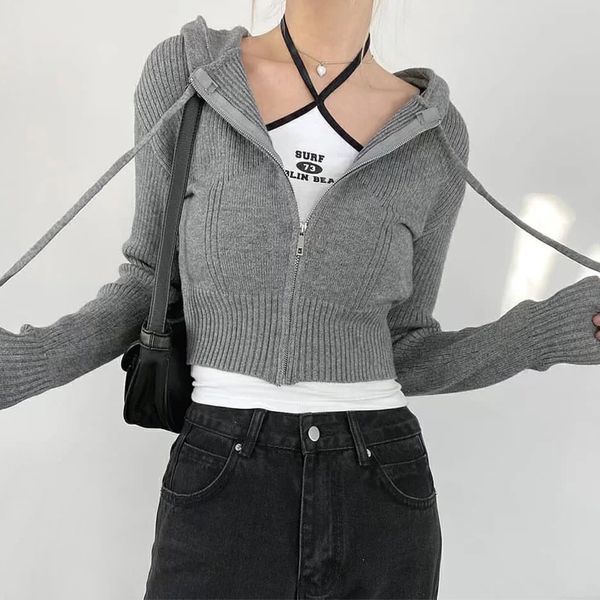 

women's knits tee hooded cardigan knitted zip through crop 230824, White