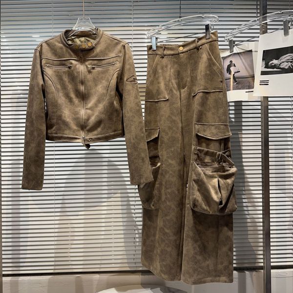 

women's two piece pants borvemays autumn vintage suit stand collar long sleeve solid color zipper jacket casual loose twopiece sets 230, White