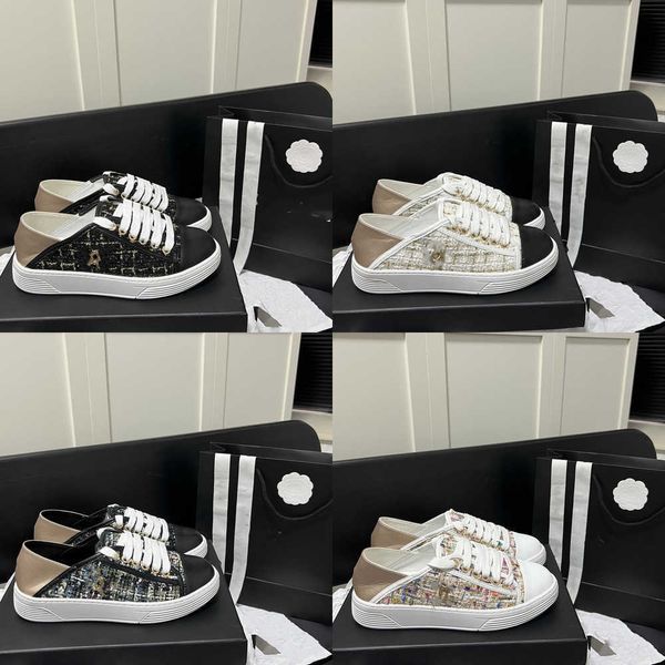 

europe and america latest plaid tweed woven c women shoes 2023 fashion luxurys designers color-blocking canvas leather casual sneakers all-m