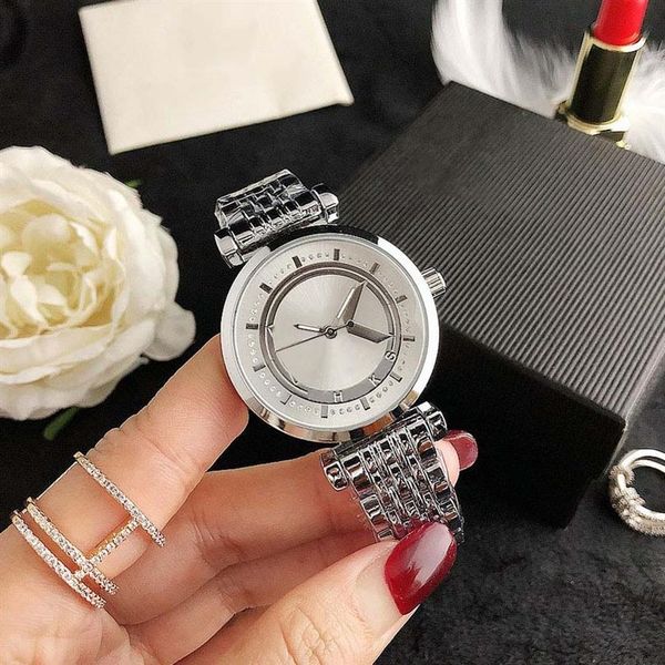 

brand watch women girl big letters crystal metal steel band quartz wrist watches m119327l, Slivery;brown