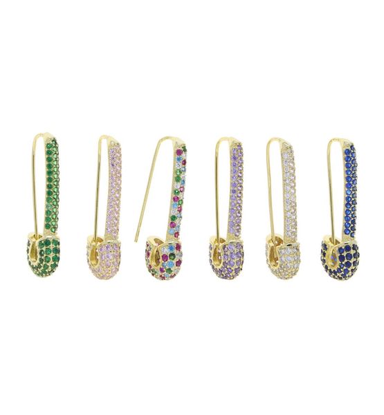 

whole rainbow colorful wedding earring paved white pink green blue cz unique paperclip safety pin stud earings women fashion j1489623, Golden;silver