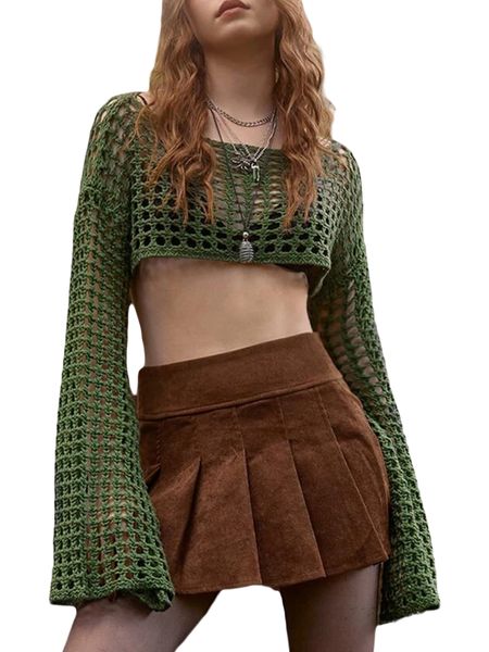 

women's sweaters 2023 women breathable y2k crochet long sleeve solid color hollow out knitted cropped sweater pullover mesh cover ups 2, White;black