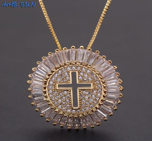 

mhssun luxury round cz zircon necklace catholic cross pendant chain necklace collier femme gold color jewelry christmas gift5089460, Silver