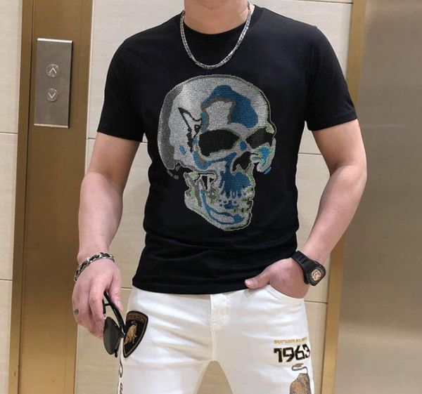 

s-6xl anime t-shirt men skulls graphic rhinestones summer fashion drill t-shirts streetwear men's clothing, White;black